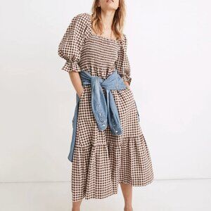 Madewell Lucie Elbow-Sleeve Smocked Midi Dress in Gingham